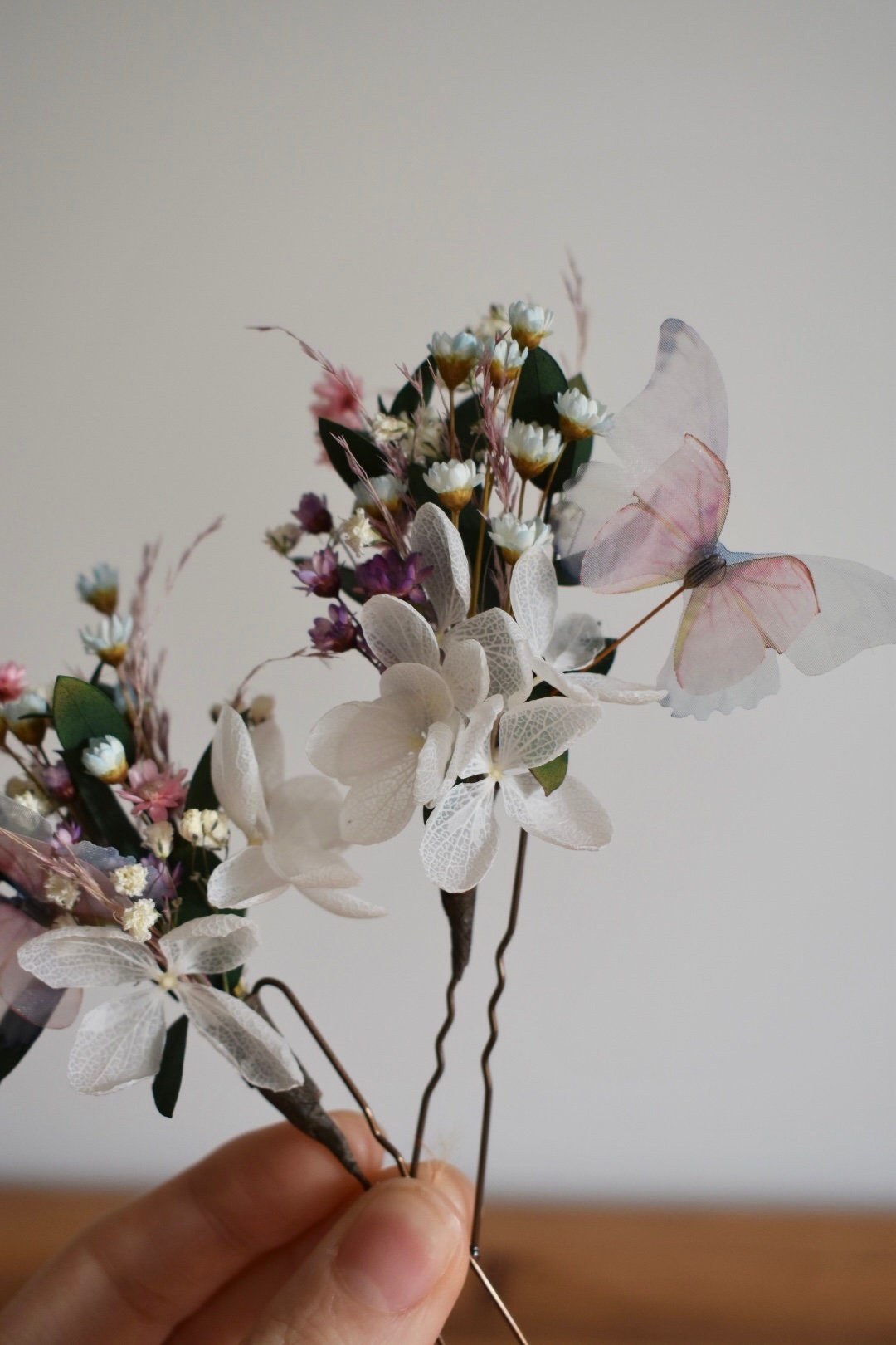Blue and pink butterfly and flower hair pins