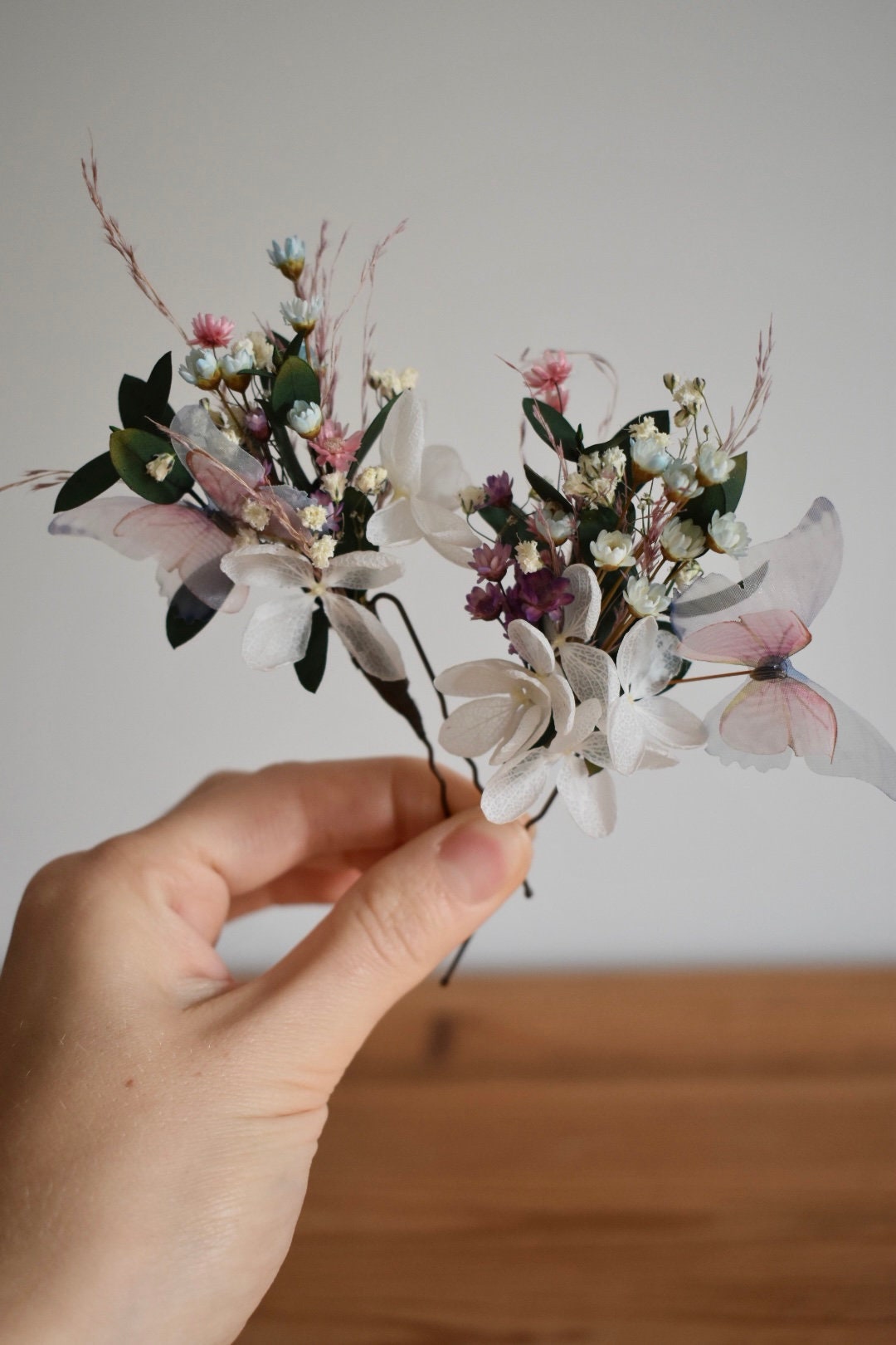 Blue and pink butterfly and flower hair pins