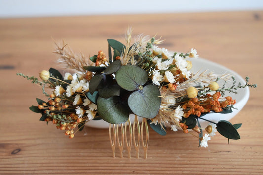 Pampas and eucalyptus flower comb with orange broom