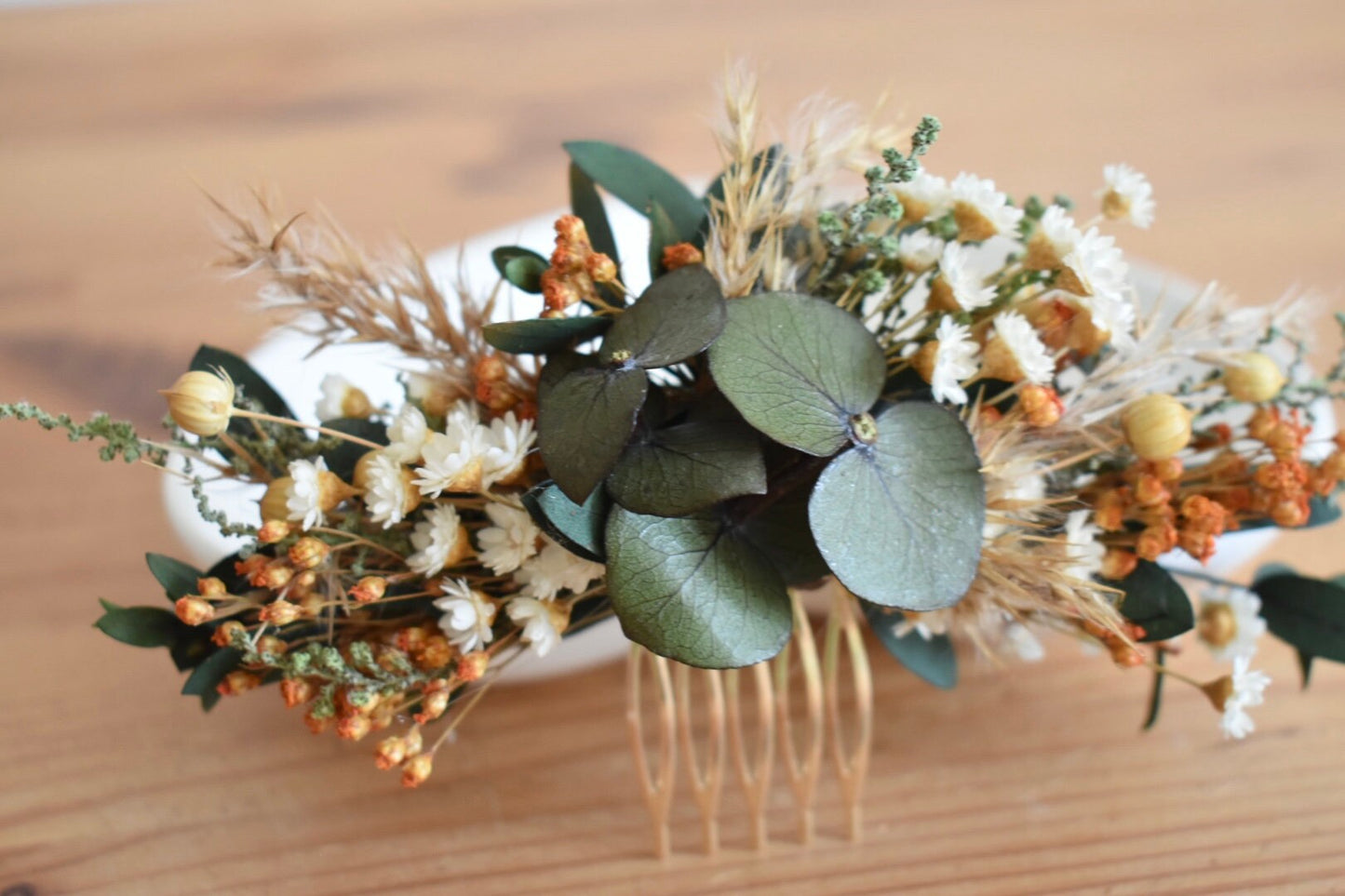 Pampas and eucalyptus flower comb with orange broom