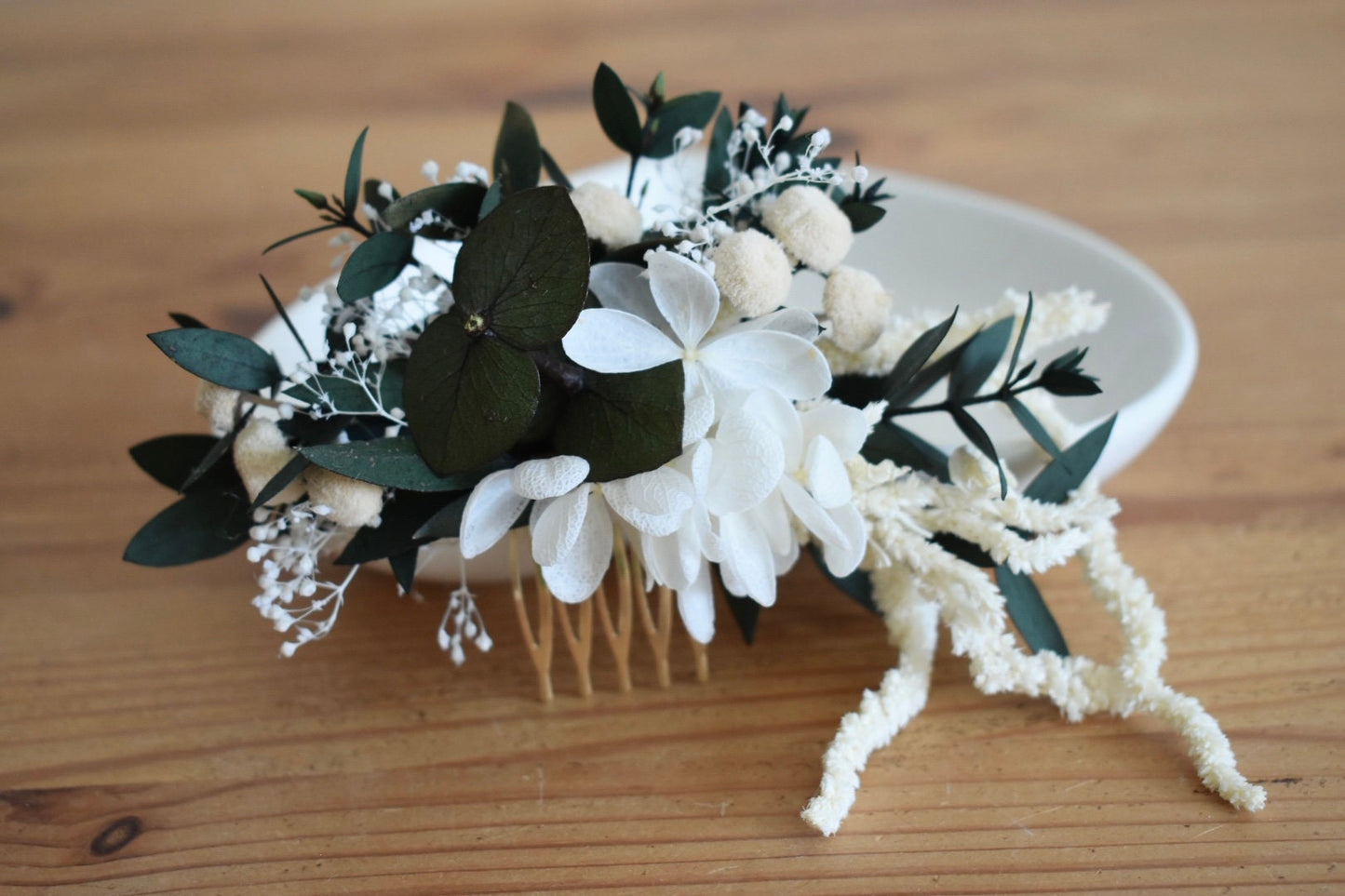 Hydrangea, eucalyptus and cascading amaranthus flower comb