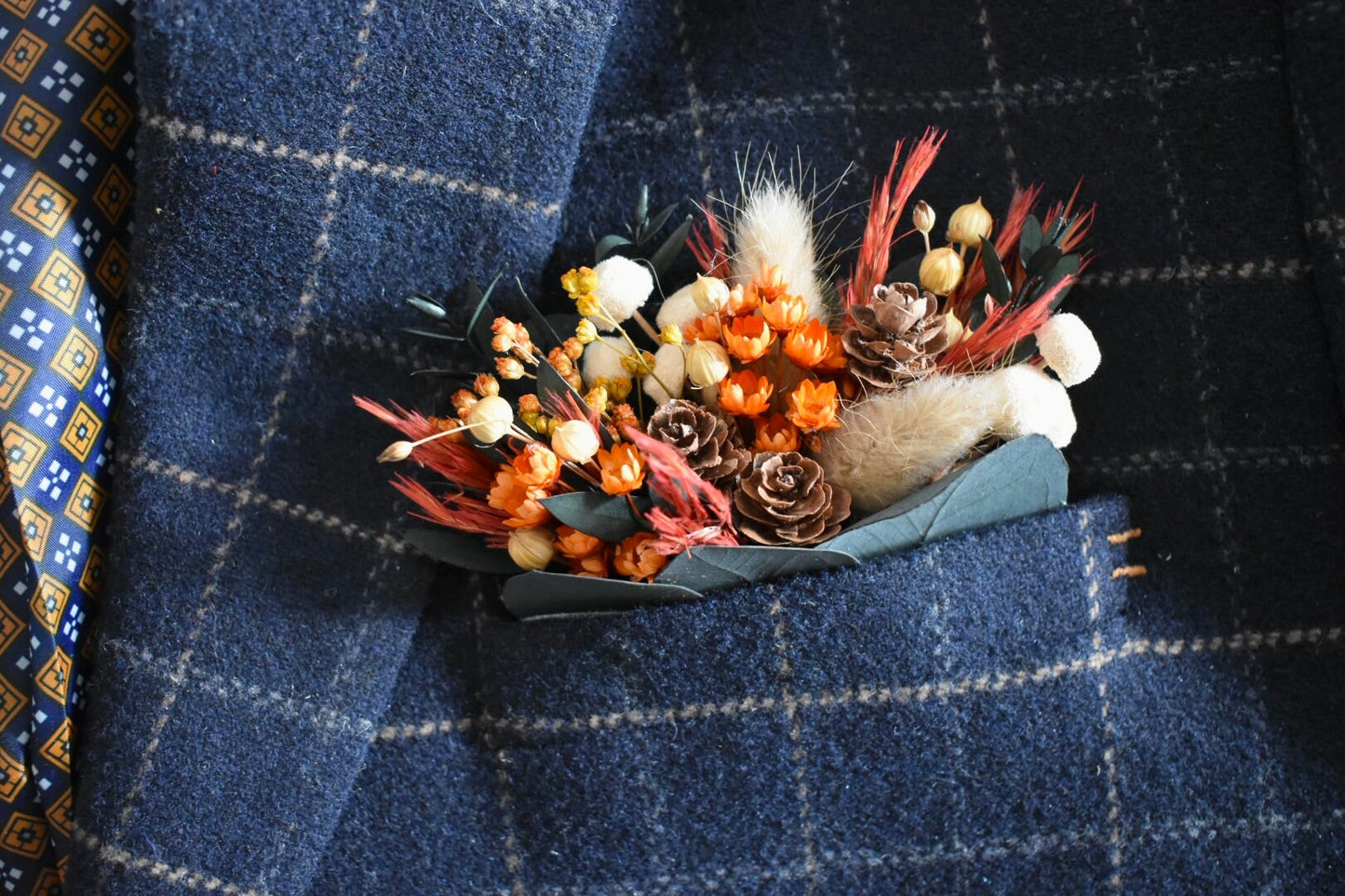 Mixed autumn flowers pocket boutonniere