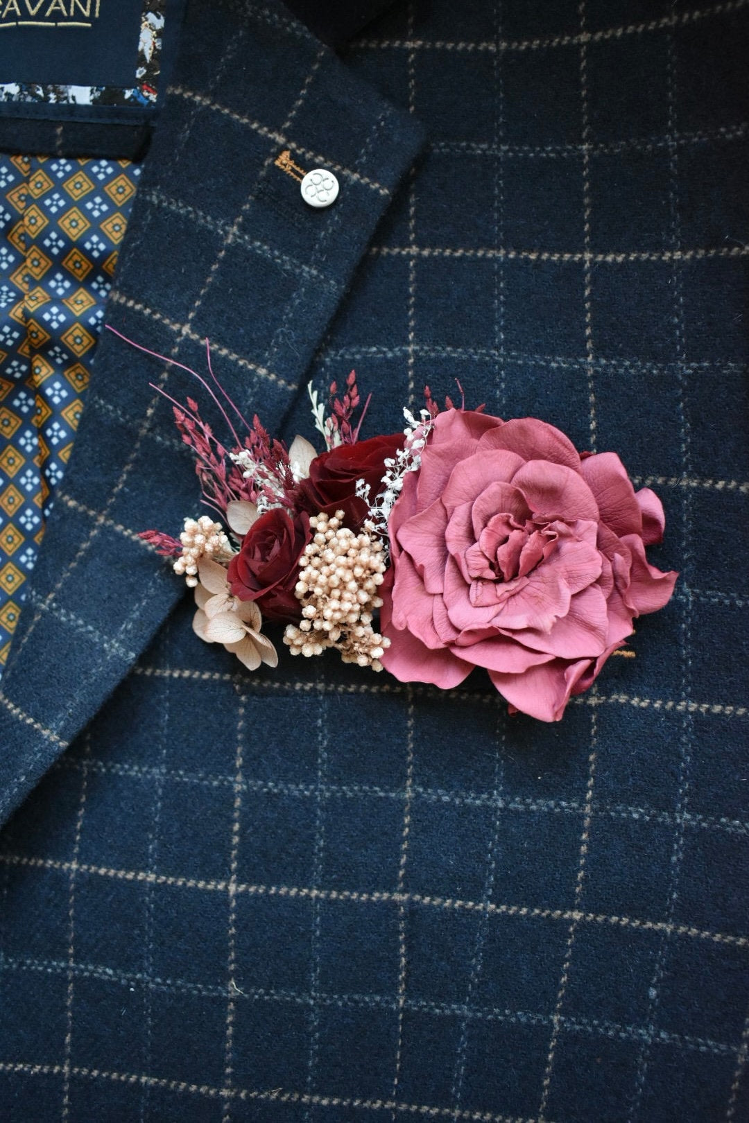 Nude, blush and red statement pocket boutonniere