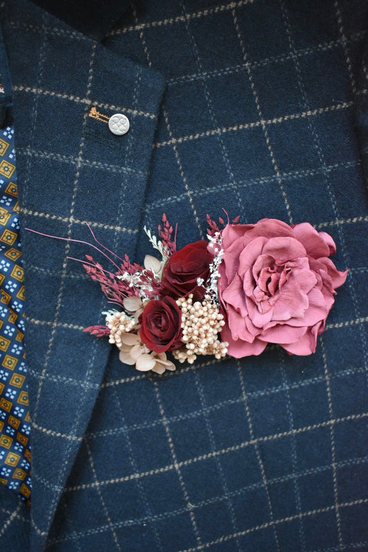Nude, blush and red statement pocket boutonniere