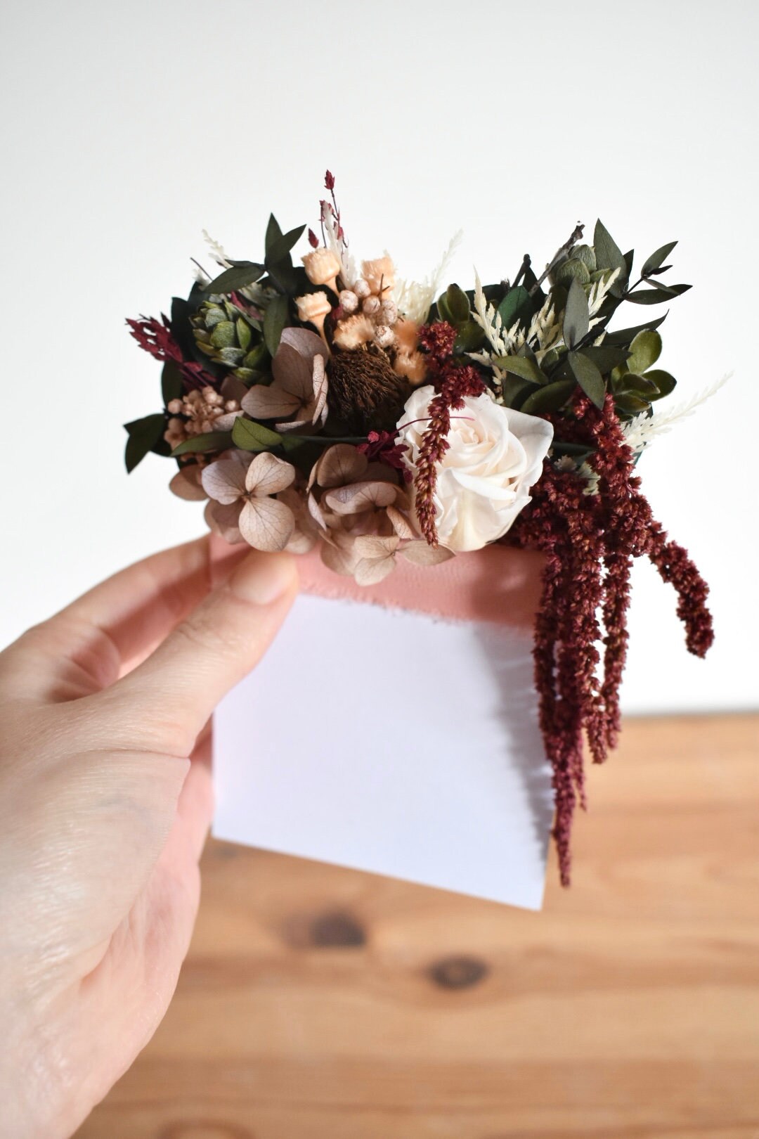Rose, hydrangea and amaranthus statement pocket boutonniere