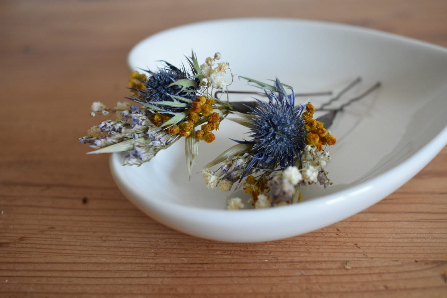 Blue thistle and mustard yellow hair pins