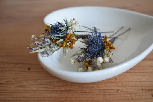 Blue thistle and mustard yellow hair pins