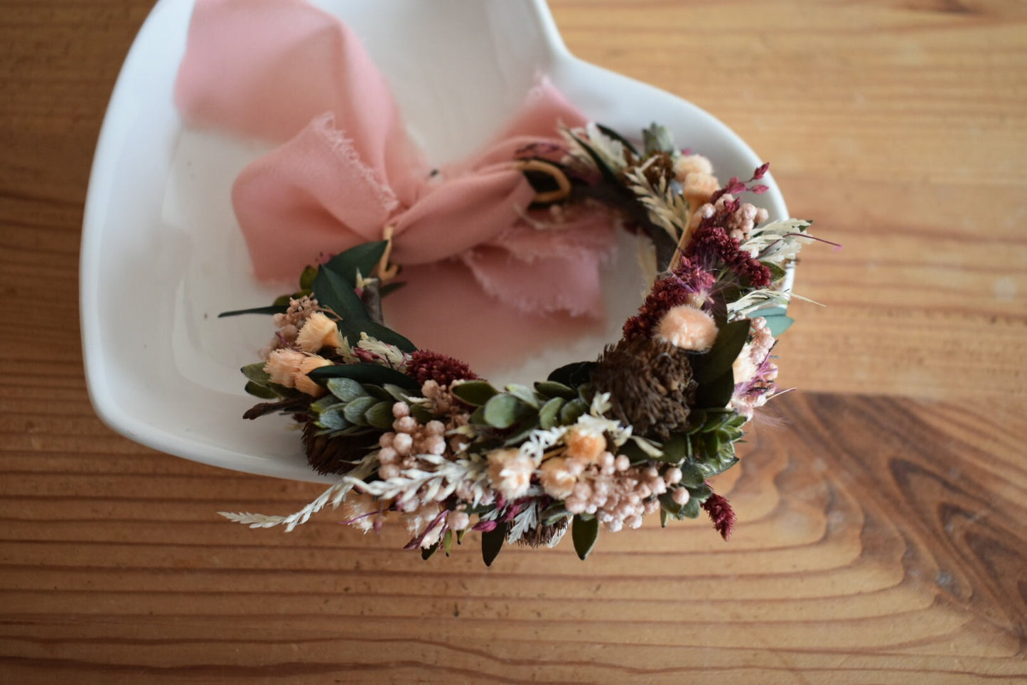 Hydrangea, eucalyptus and amaranthus wrist corsage