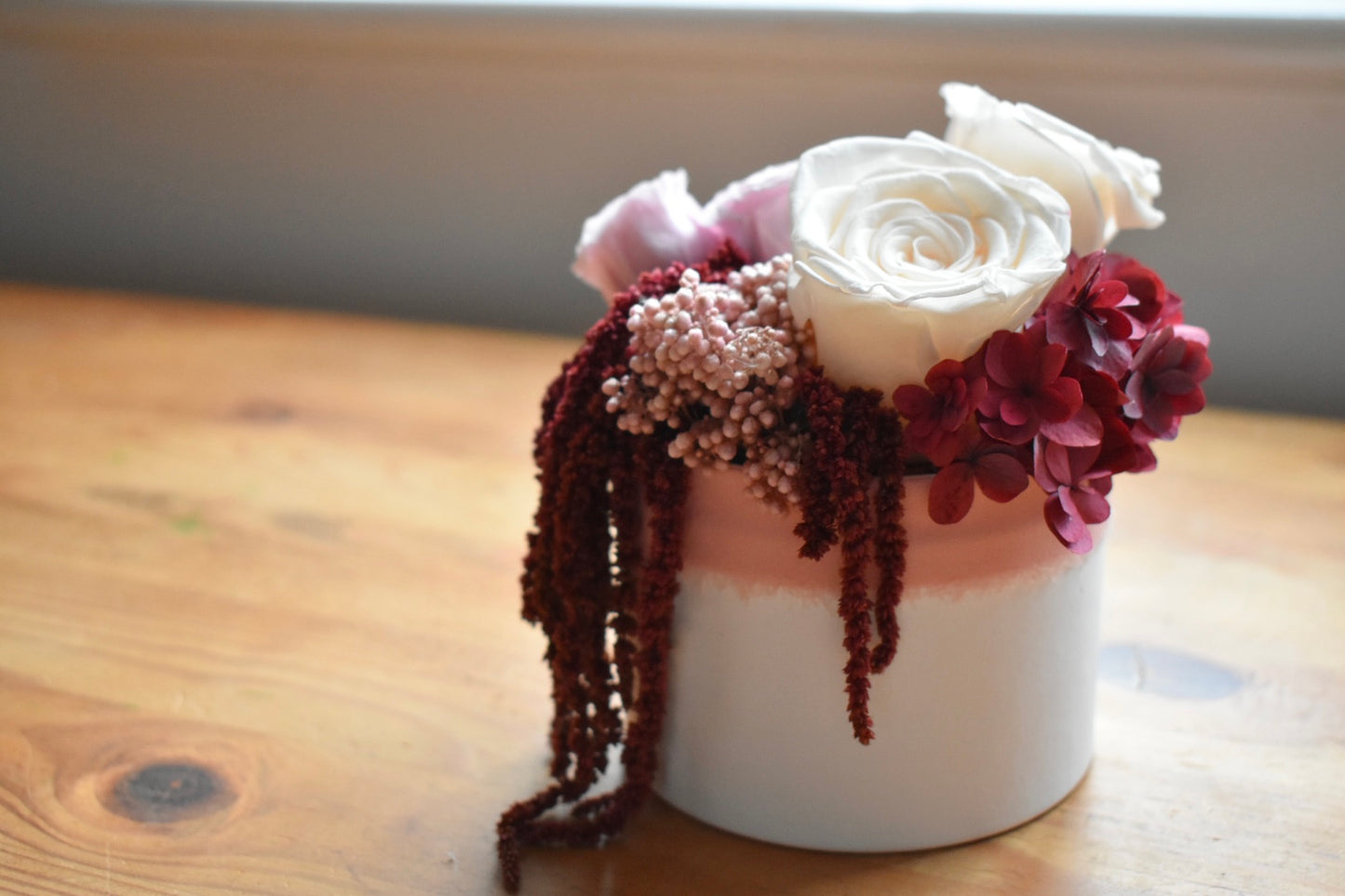 Red preserved rose box arrangement