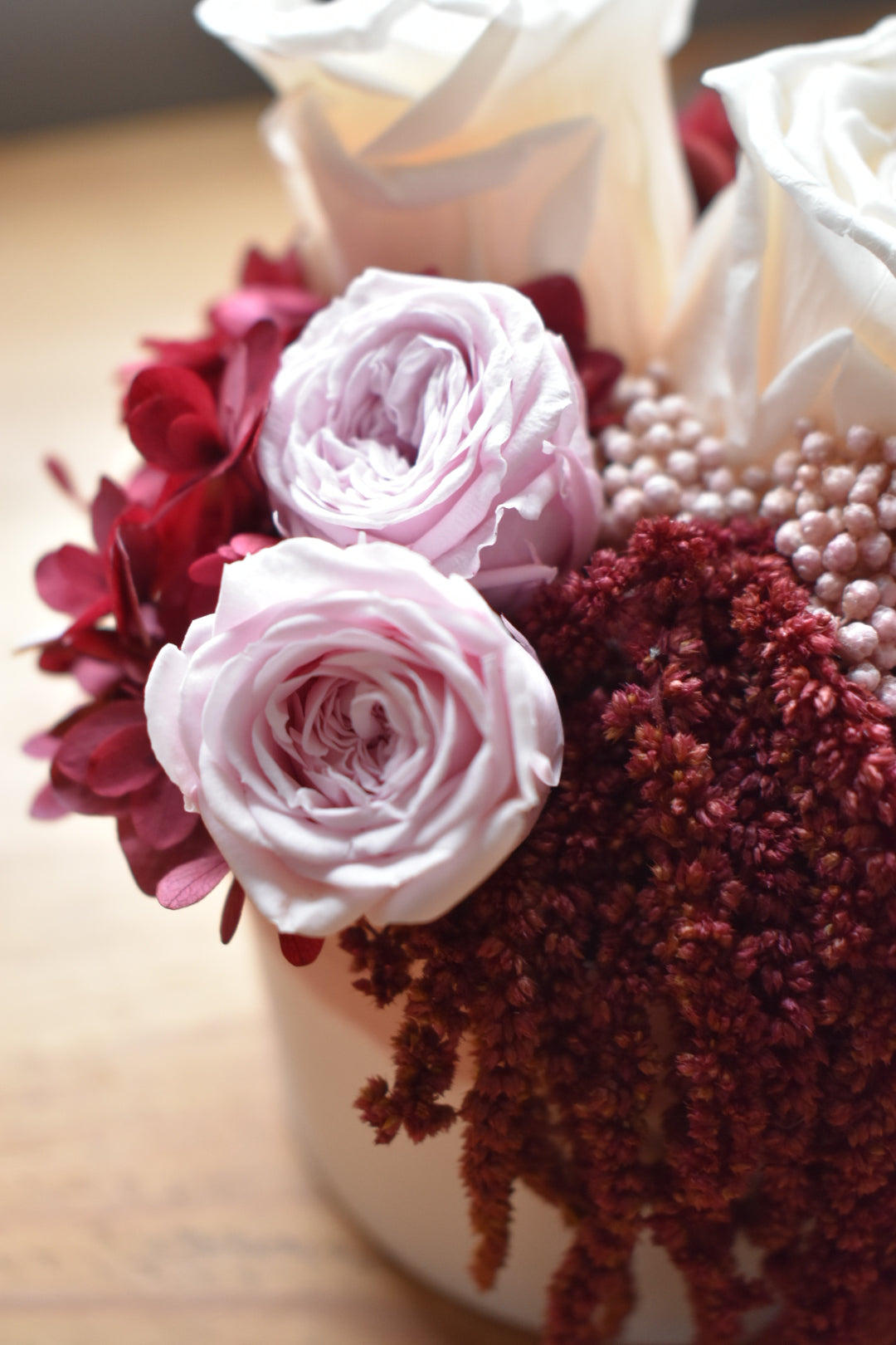 Red preserved rose box arrangement