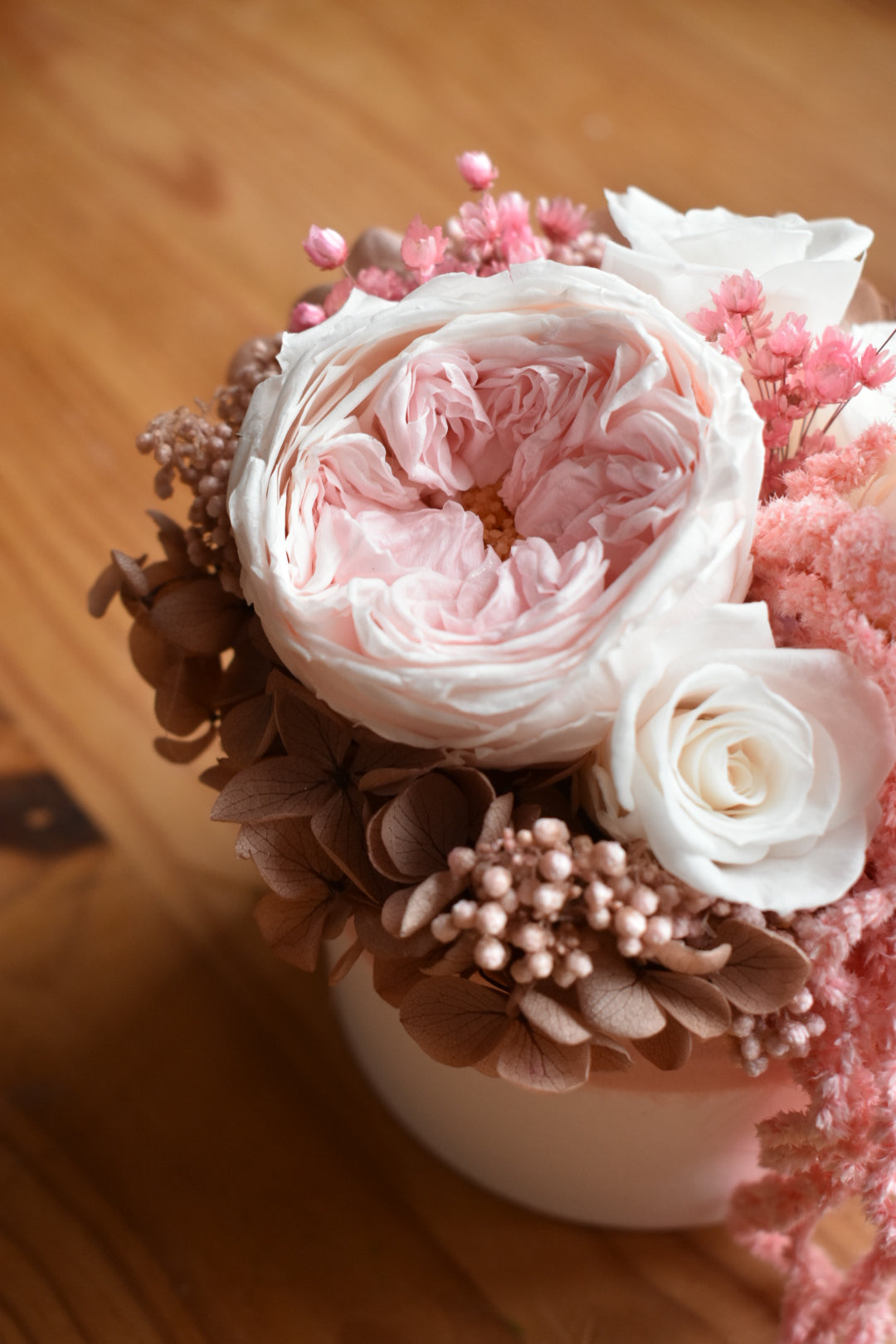 Pink preserved rose box arrangement