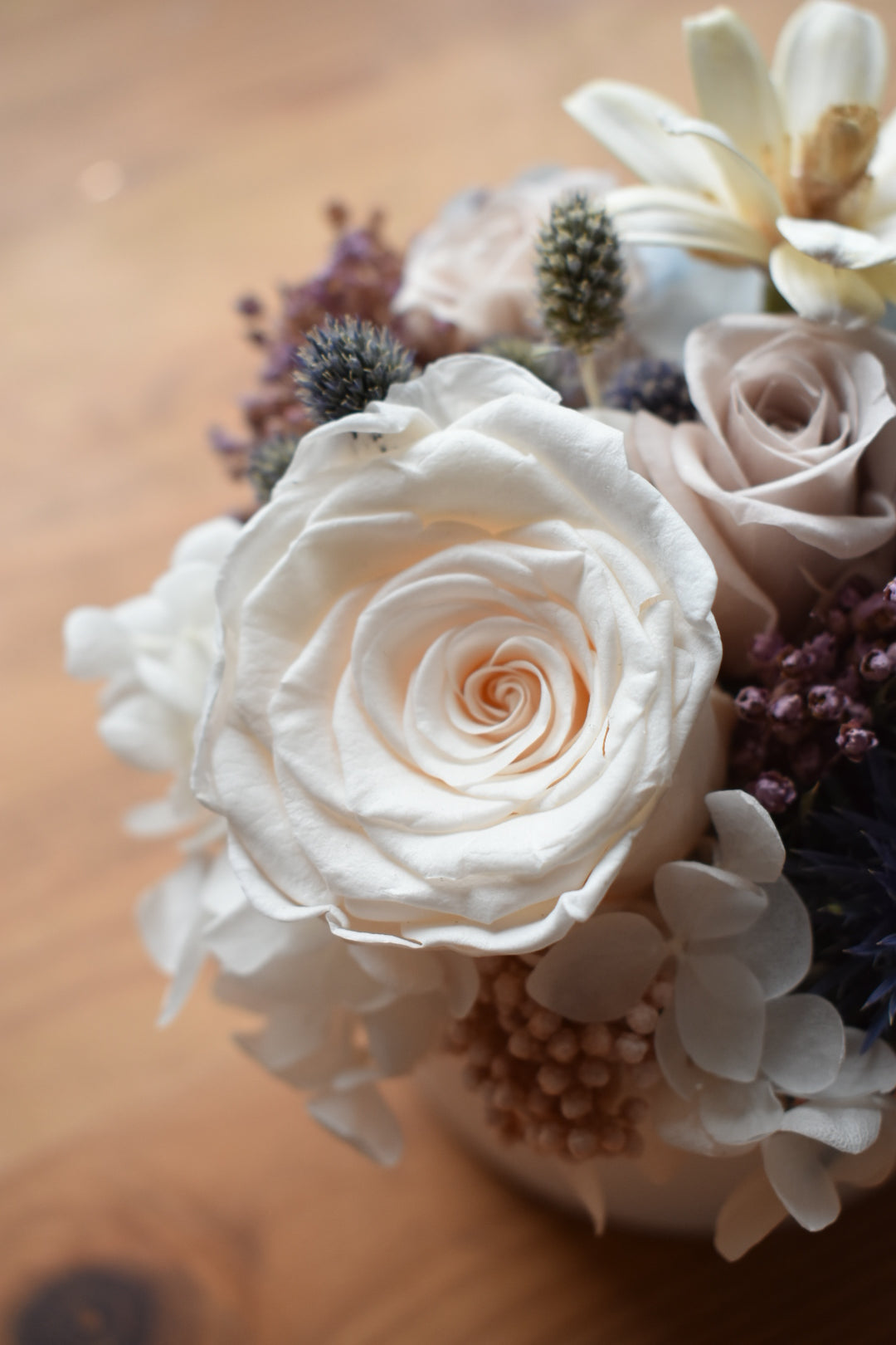 Blue preserved rose box arrangement