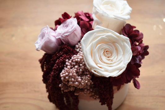 Red preserved rose box arrangement