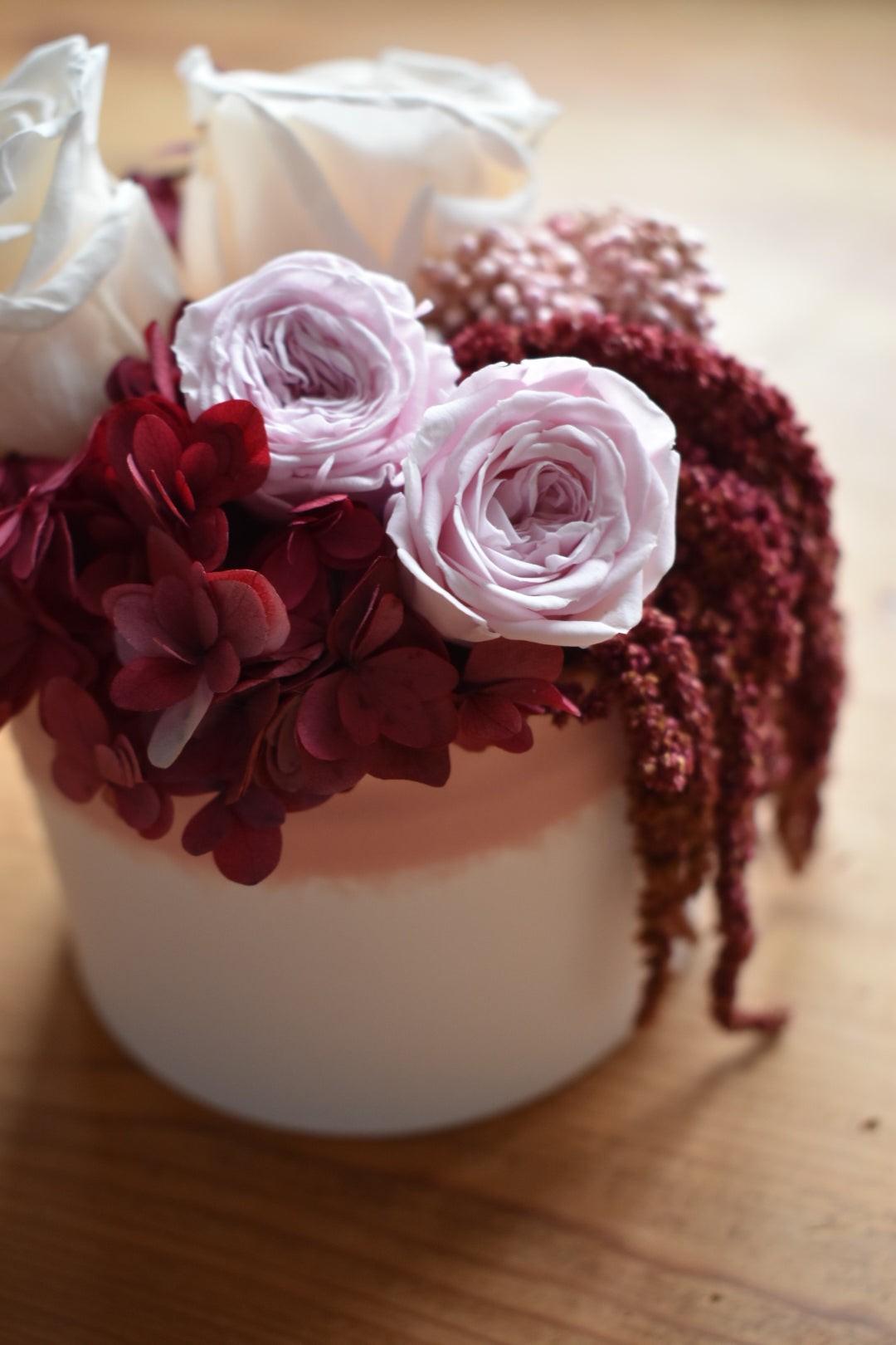 Red preserved rose box arrangement