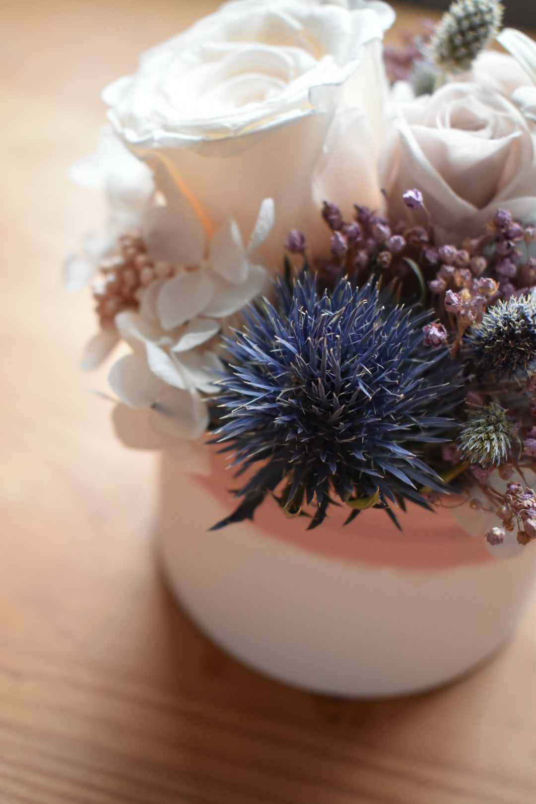 Blue preserved rose box arrangement