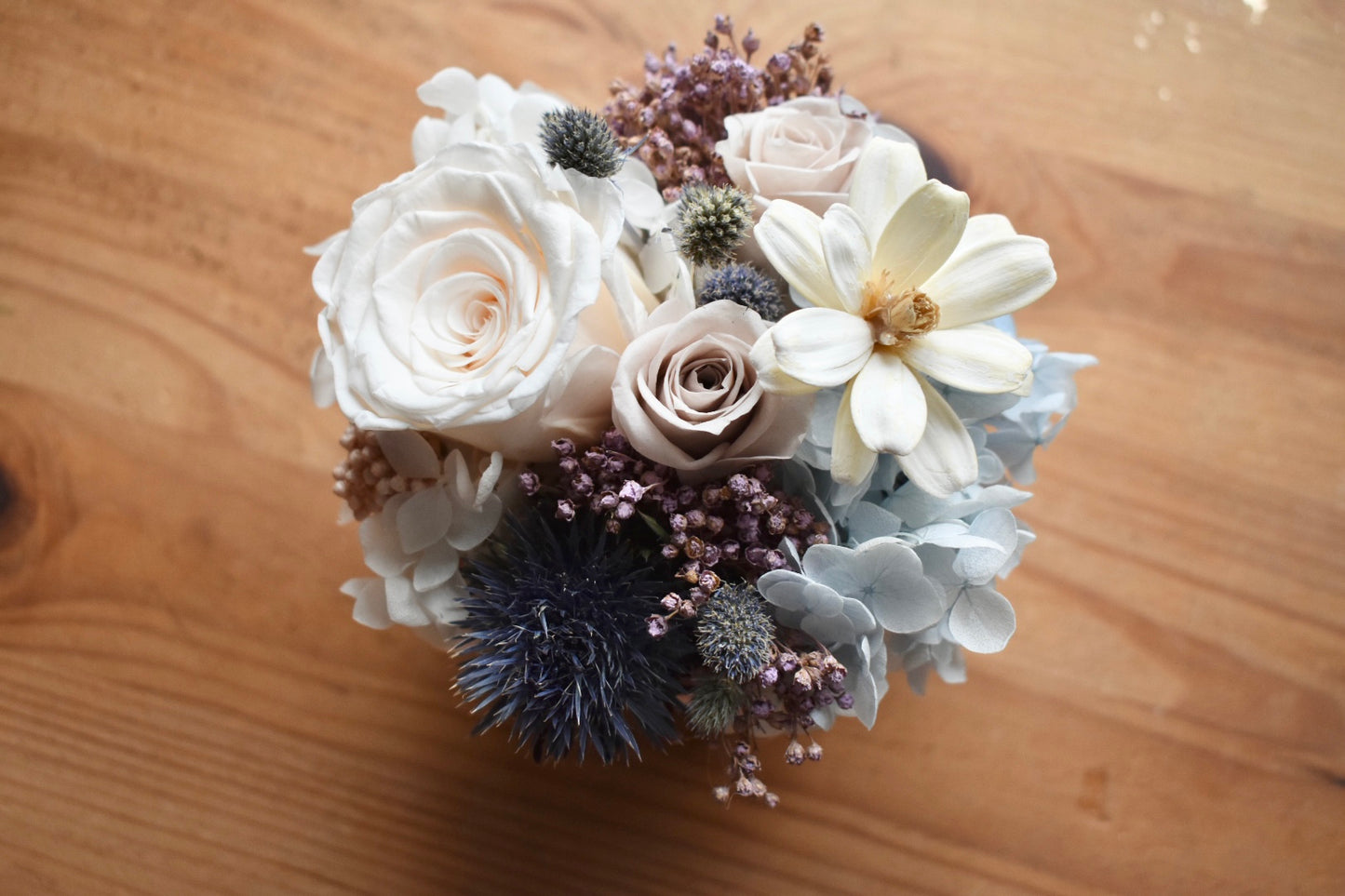 Blue preserved rose box arrangement