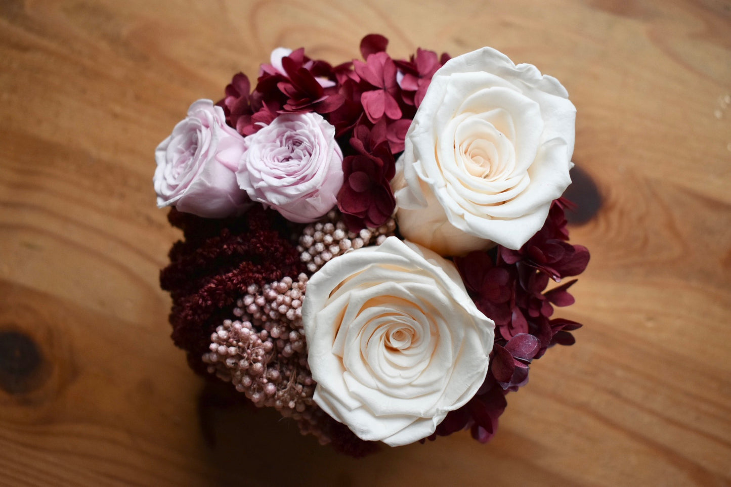 Red preserved rose box arrangement