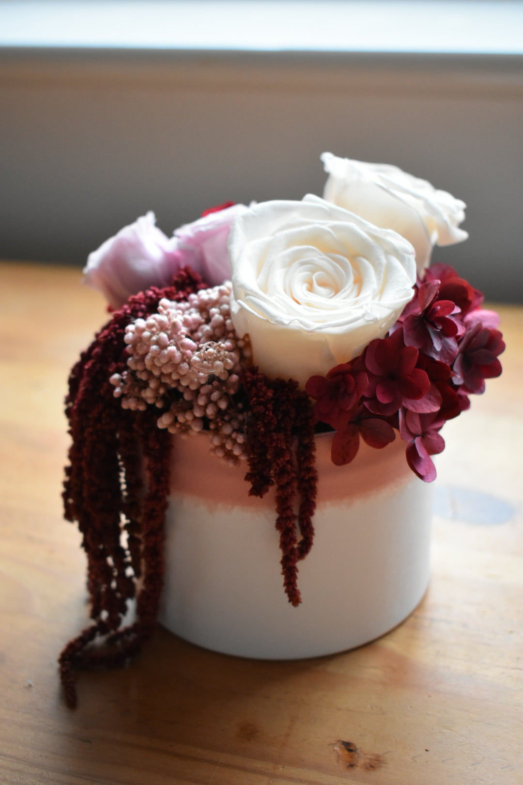 Red preserved rose box arrangement