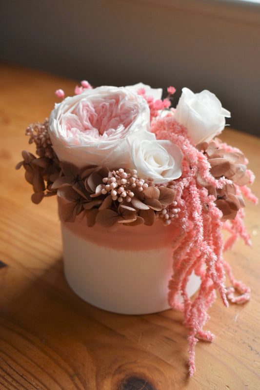 Pink preserved rose box arrangement