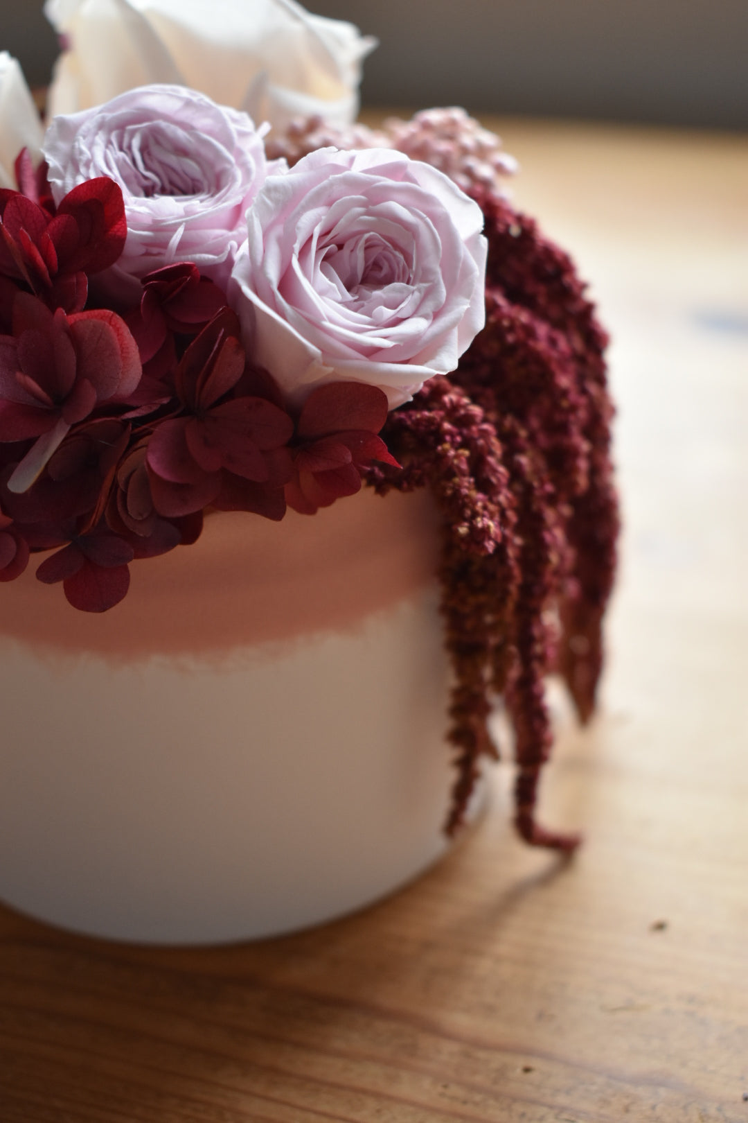 Red preserved rose box arrangement