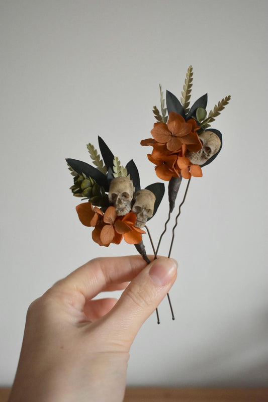 Orange hydrangea hair pins with mini faux skulls