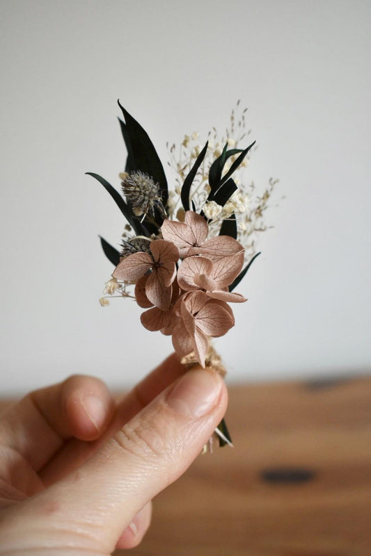 Petite hydrangea and thistle boutonniere
