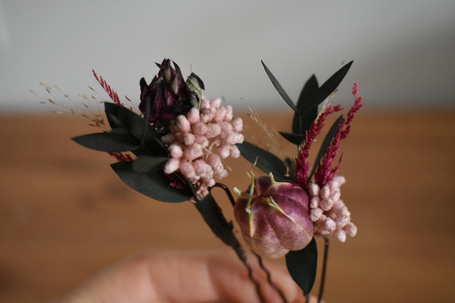 Pink and burgundy foliage hair pins
