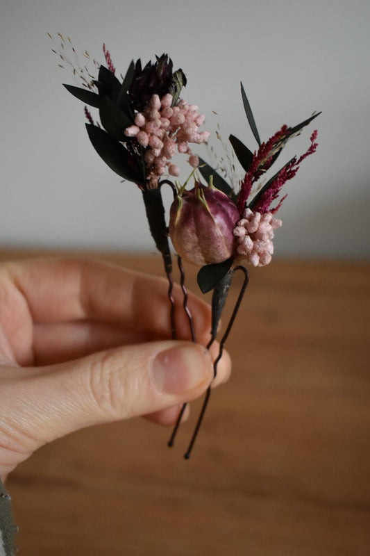 Pink and burgundy foliage hair pins