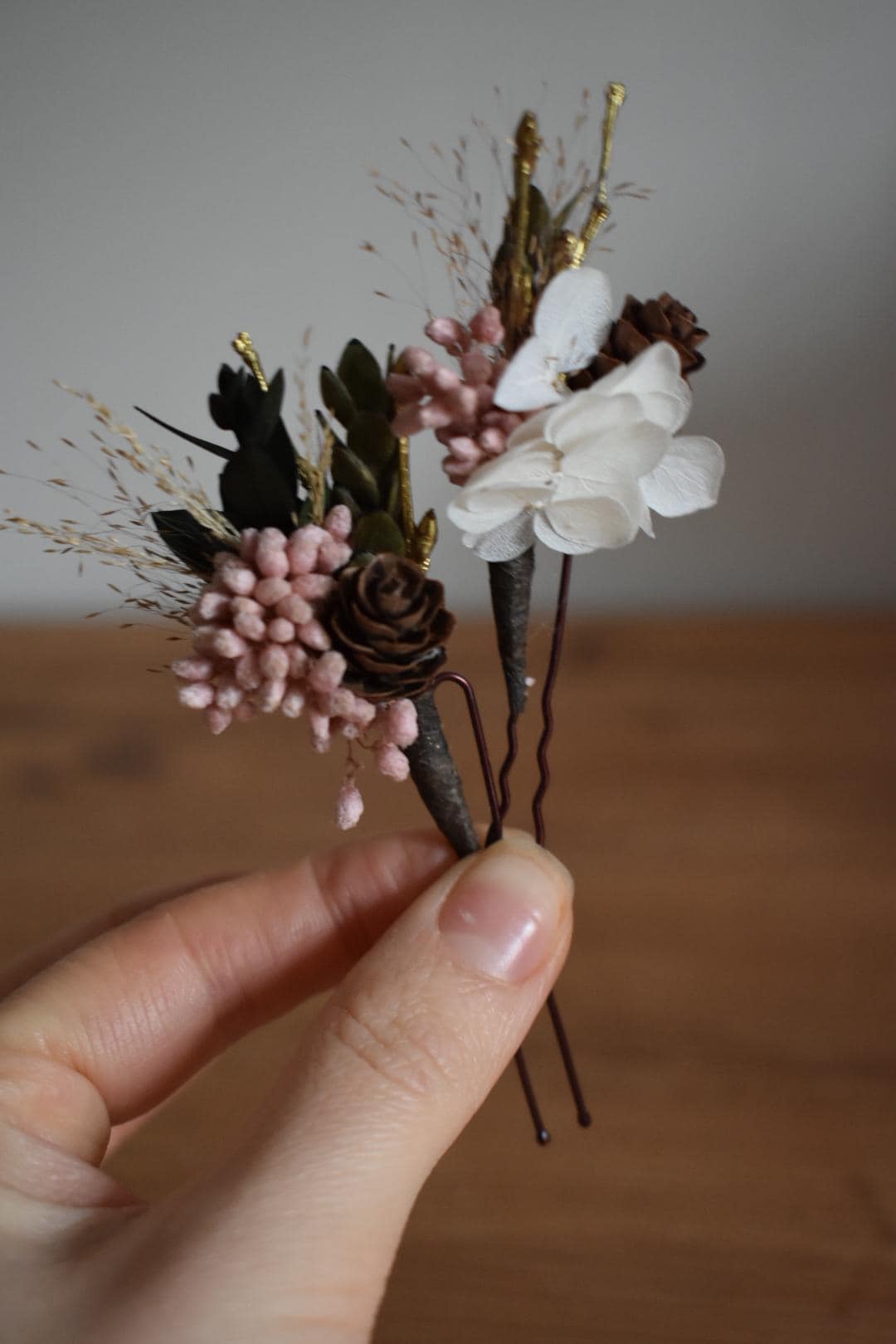 Pink and gold winter hair pins