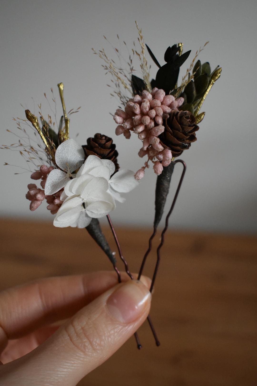 Pink and gold winter hair pins