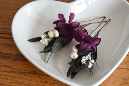 Hydrangea and eucalyptus hair pins