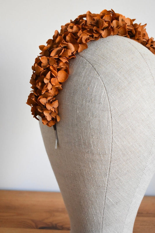 Hydrangea headband in burnt orange