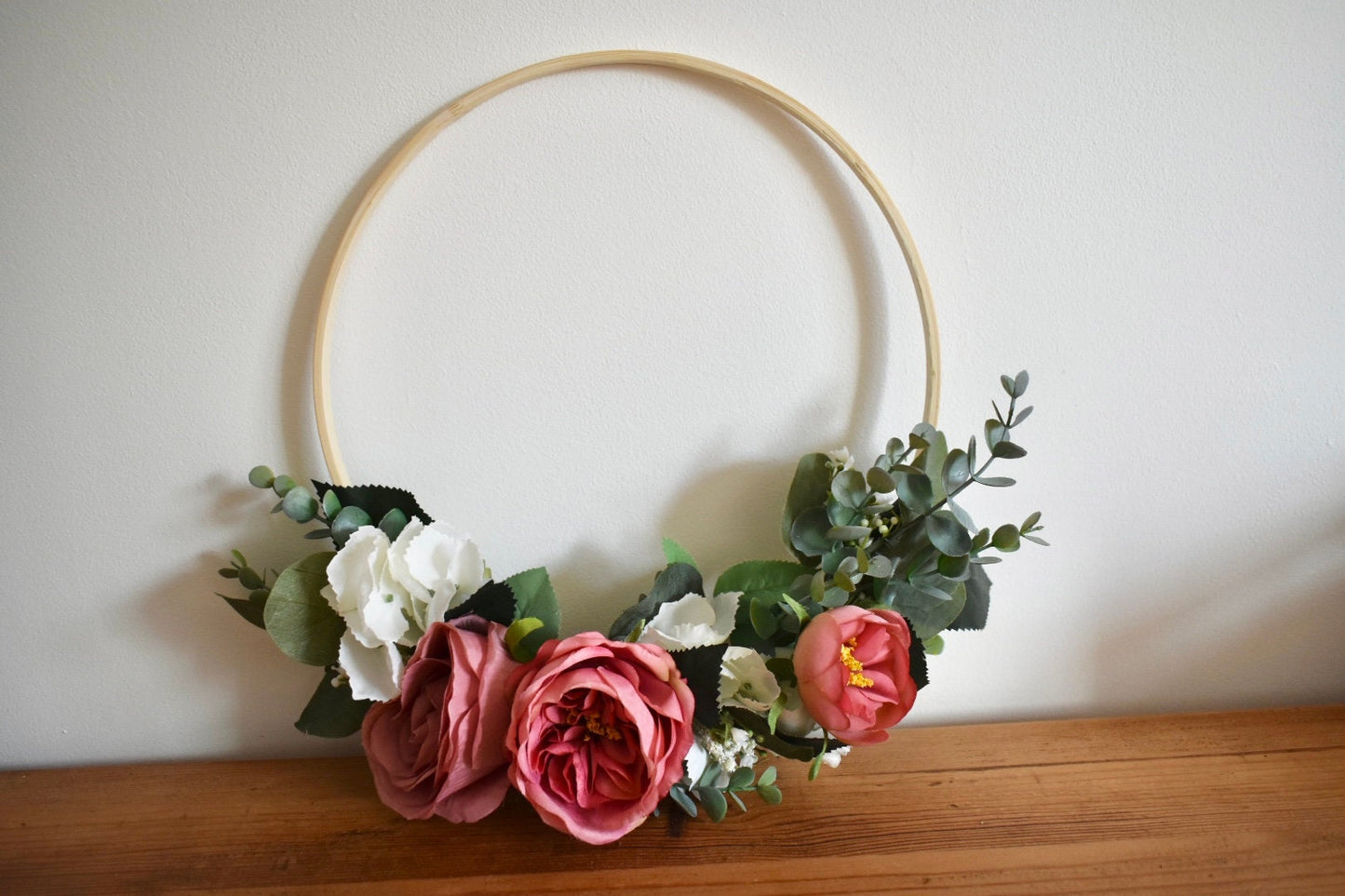 Pink rose and hydrangea floral hoop