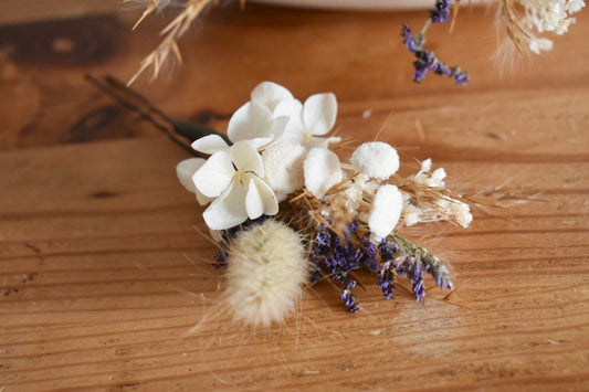 Boho pampas and hydrangea dried flower hair pins with purple