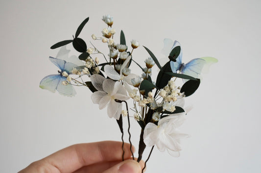 Blue butterfly and flower hair pins