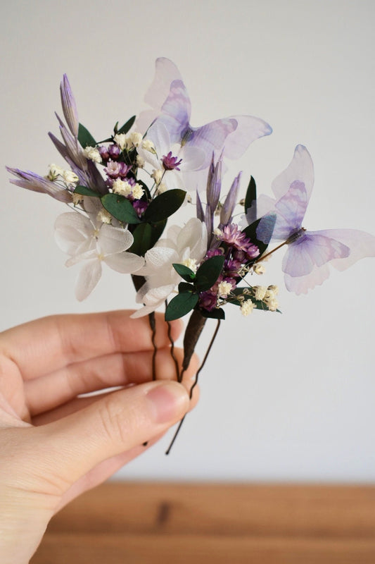 Purple butterfly and flower hair pins