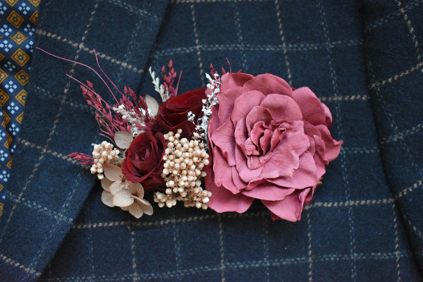 Nude, blush and red statement pocket boutonniere