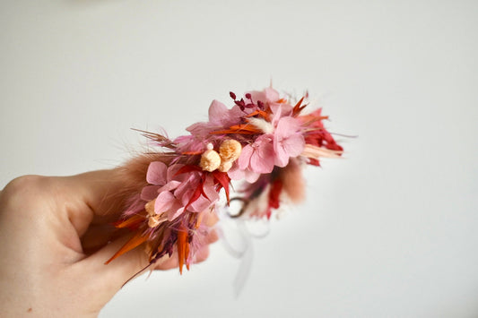 Pink and orange bright dried flower wrist corsage