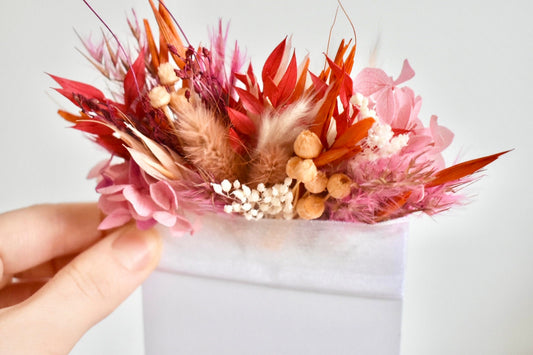 Pink and orange bright dried flower pocket boutonniere