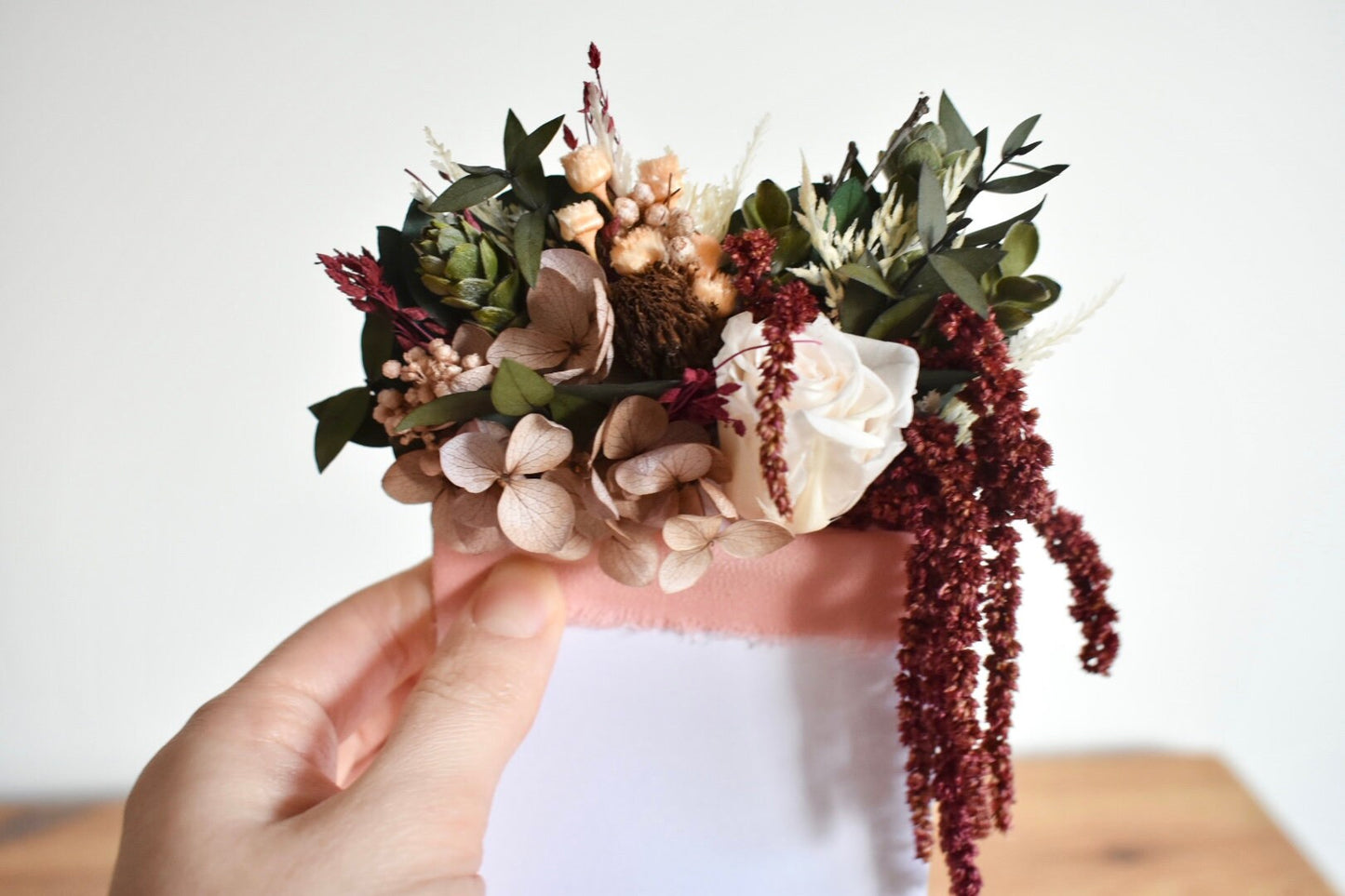 Rose, hydrangea and amaranthus statement pocket boutonniere