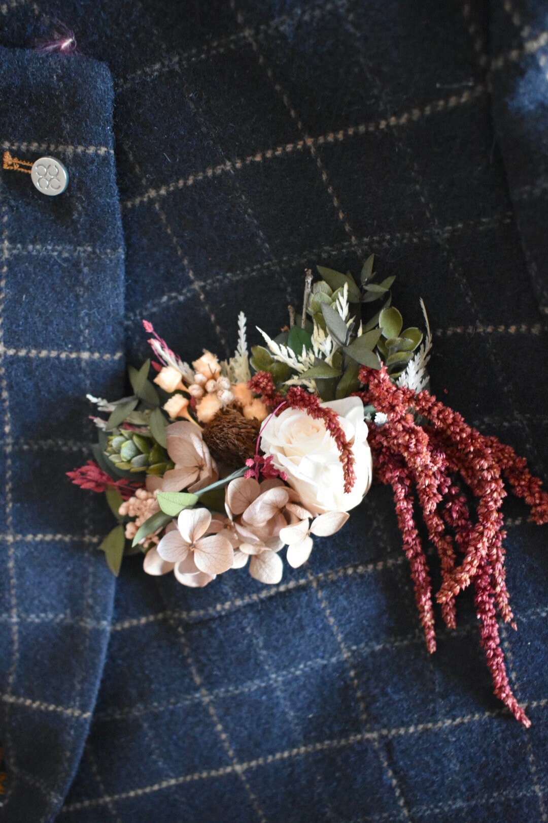 Rose, hydrangea and amaranthus statement pocket boutonniere