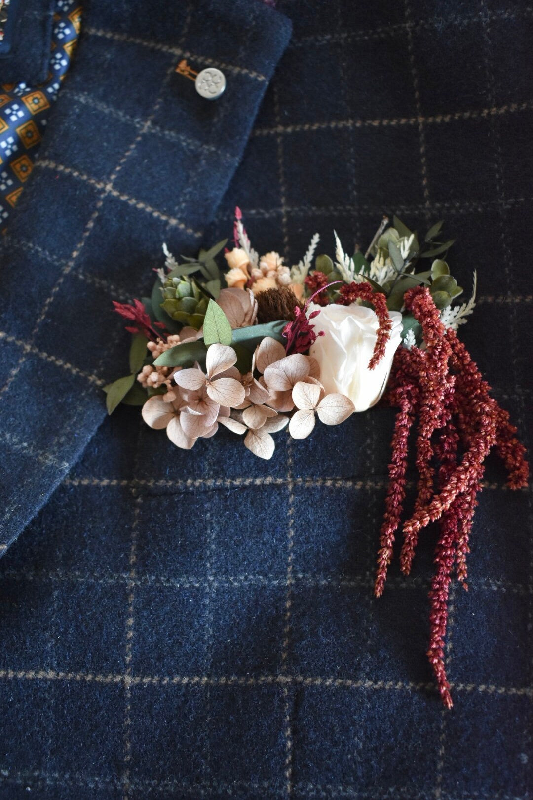 Rose, hydrangea and amaranthus statement pocket boutonniere